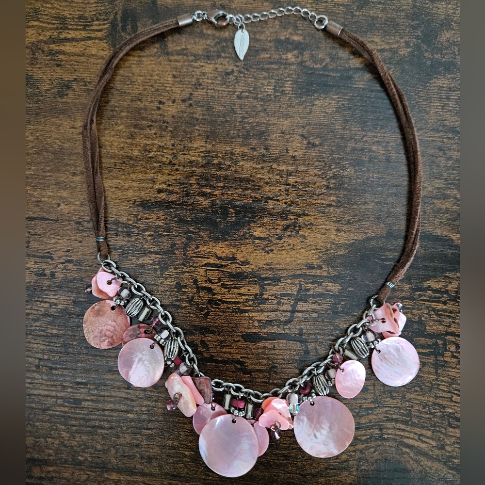 Vintage Coldwater Creek Pink Shell Statement Necklace Boho Suede Multi Charm